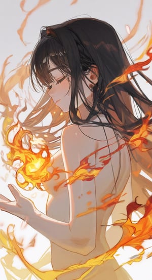 1girl, closed eyes, fire, solo, realistic, shiny skin, color grading, toon shading, ningen_mame, ciloranko, manhwa, masterpiece, depth of field, clean color, white background, best quality, amazing quality, very aesthetic, best details, highres, absurdres, score_9, score_8_up, score_7_up