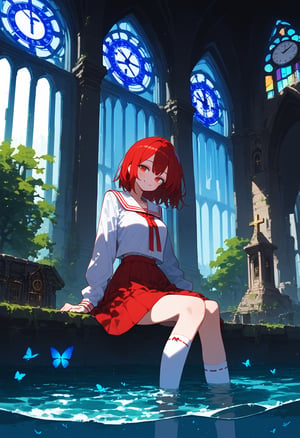1girl, niji, blush, blue butterfly, church, clock, cross, day, gears, head tilt, indoors, long sleeves, partially submerged, red ribbon, red skirt, ruins, sitting, skirt, smile, socks, solo, sunlight, tree, wariza, water, white socks, 

depth of field, masterpiece, best quality, amazing quality, very aesthetic, absurdres, 
score_9, score_8_up, score_7_up
