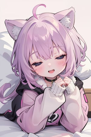 (masterpiece, best quality, highres:1.3), ultra resolution image, (1girl), (solo), cute, in room, sleepy, full body, laying_in_bed, face is close to camera and feet is far a way the camera, sleepeace, ,nekomata okayu,sleepeace, cat ears, fangs, closed_eyes, pink_background, nekomata_okayu, black_chocker, hoodie, ahoge, sleeves_past_wrists, chibi