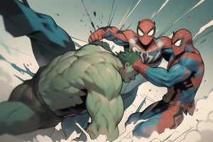spider_man and hulk fight, male, 2 person, face each other, from side, flat, punch each other, dynamic shot, wide shot, action,