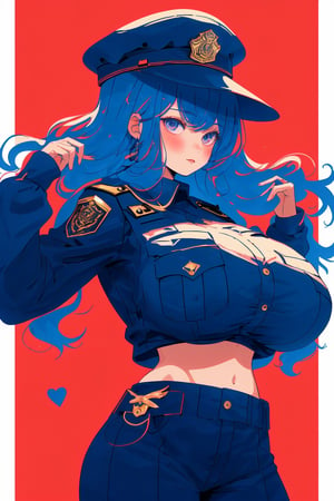 (masterpiece, best quality, highres:1.3), ultra resolution image, niji, 1girl, solo, gigantic breasts, looking at viewer, midriff, police, from below, midjourney, blush, side angle, cowboy_shot, modern background, 