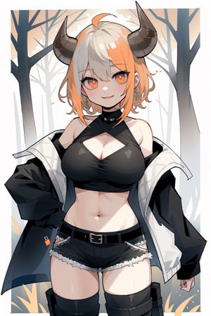 (masterpiece, best quality, highres:1.3), ultra resolution image, (1girl), (solo), (tomboy:1.3), boar concept, vtuber, navel, brown hair, orange eye, short curvy hair, large breast, (white crop top), short pants, (orange|white tone jacket), charactersheet, full body, 8k, (forest background), line claire, from front, off_shoulder, smile, ;3, 

BREAK

Design an outfit that captures the graceful yet fierce essence of a boar horns, blending natural hues and angular elements to create a unique and captivating look for a girl, niji, 