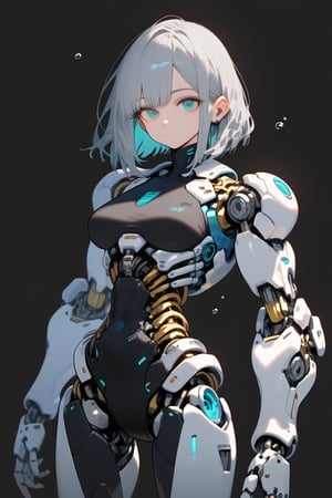 1girl, translucent body, aqua eyes, cyborg, grey hair, joints, looking at viewer, mechanical arms, mechanical hands, mechanical legs, mechanical spine, mechanical parts, medium hair, official alternate costume, robot joints, science fiction, skin tight, solo, translucent skin, barcode, robot, wire, cross section, standing, simple background, bubbles,

depth of field, color grading, toon shading, 
best quality, amazing quality, very aesthetic, best details, highres,
score_9, score_8, score_7