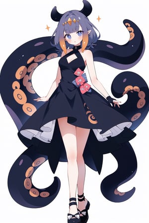 (masterpiece, best quality, highres:1.3), ultra resolution image, (1girl), (solo), Design an outfit that captures the graceful yet fierce essence of a ninomae ina'nis, tentacle hair, blending natural hues and angular elements to create a unique and captivating look for a girl, full_body, white_background, niji,