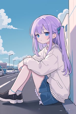 (masterpiece, best quality, highres:1.1), ultra resolution image, (1girl), (solo), purple hair, blue eyes, cute, kawaii, full body, on street, against_the_wall, blue sky, sitting, from side