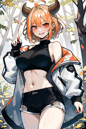 (masterpiece, best quality, highres:1.3), ultra resolution image, (1girl), (solo), (tomboy:1.3), boar concept, vtuber, navel, brown hair, orange eye, short curvy hair, large breast, (white crop top), short pants, (orange|white tone jacket), charactersheet, full body, 8k, (forest background), line claire, from front, off_shoulder, smile, ;3, 

BREAK

Design an outfit that captures the graceful yet fierce essence of a boar horns, blending natural hues and angular elements to create a unique and captivating look for a girl, niji, 