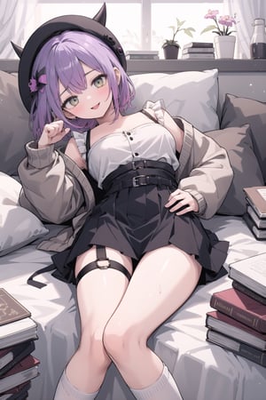 (masterpiece, best quality, highres:1.3), ultra resolution image, 1girl, solo, (shoulder-length_hair, short_hair), looking at viewer, purple hair, lying, indoors, on back, armpits, feet, book, window, gradient hair, sunlight, :p, upside-down, book stack,

BREAK

towacasual, jirai kei, frilled shirt, high-waist skirt, off shoulder, grey cardigan, beret, fake horns, thigh strap, white socks