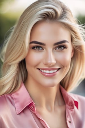 create a hyper realistic image of beautiful woman   smiling at viewer, long blonde hair,upper body shot, wearing pink blouse,long dark eyebrows, long eyelashes, background of outside , 8k, high detailed, sharp focus.,