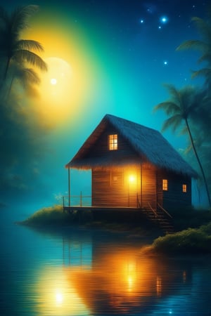 sea lagoon, jungle, high resolution, hyper detail, deep focus, mysticism, mysterious haze, radiance, shimmer, glow, volumetric, perspective, bright starry shining night, small reed shack, contrast, gradient.