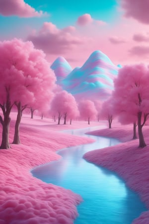 Fantasy Landscape with Ice Cream Hills and Pink Cotton Candy Trees, Pink Candy Landscape, Sprinkling Sugar, Turquoise River, Hyper Detailed, Photorealistic, Ultra Detailed Textures, Hyperrealism, Matte Painting, Digital Art, Fantasy Art, Dynamic Lighting, Ray Traced Reflections , 8k