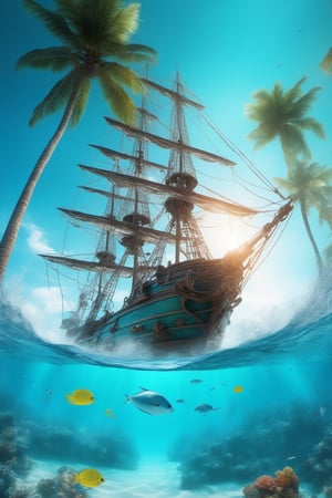 hyperrealism, real photo pirate ship, waves storm transparent turquoise water Ocean, turquoise, transparent water palm trees seagulls island glare of the sun through clear water colored fish corals cyberpunk, fast shutter speed, realistic detailing, low viewing angle, 3d, Quad HD, clear detailing, photorealism"