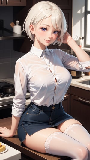 (masterpiece, best quality), beautiful girl, white hair, white skin, light purple eyes, sharp chin, cropped white shirt, short white tight skirt, disheveled hair, upper body, close-up, grinning, Hiroko Takashiro, full-length height, white high stockings, clothes unbuttoned, shirt unbuttoned at the top, lace underwear under the clothes. large silicone breasts, sitting, kitchen