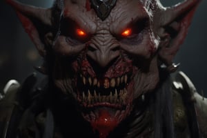 Close-up portrait of  young female ork, high res, high detailer face, high detail skin, orange eyes, fangs, (bleeding:1.5), red and blood scense