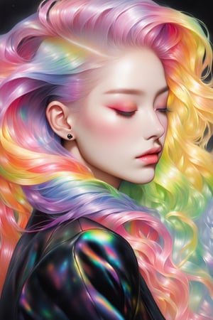 (masterpiece,best quality, niji style, realistic), beautiful woman, upper body shot, eyes closed, (rainbow hair:1.4), ((black transparent coat)).