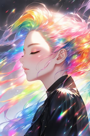 (masterpiece, best quality, niji style, anime), beautiful woman, upper body shot, eyes closed, rainbow hair, black transparent coat.