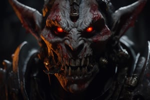 Close-up portrait of  young female ork, high res, high detailer face, high detail skin, orange eyes, fangs, (bleeding:1.5), red and blood scense