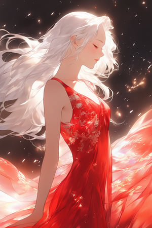 (masterpiece, best quality, niji style, anime), beautiful woman, red transparent dress, medium shot, side view, white hair, eyes closed.