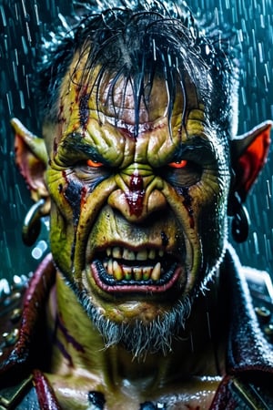 closeup shot of old ork, fang, savage, painful, high detail skin, (open wound on face, scar on face), (tortured skin, beaten), rain, (water on face), Rain-soaked face.
