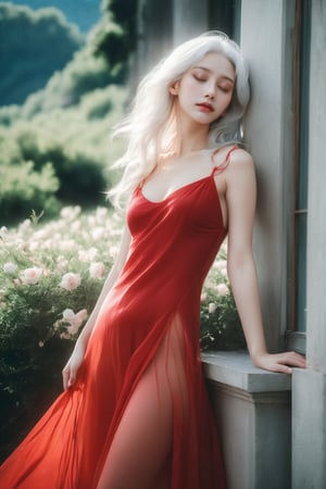 (masterpiece, best quality, niji style, realistic), beautiful woman, red transparent dress, upper body shot, side view, white hair, eyes closed.