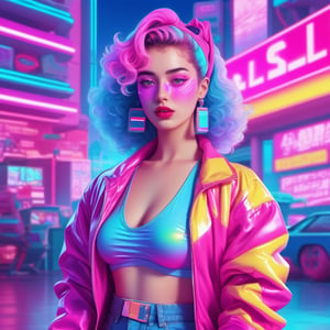 vaporwave style of 1 lady, retro aesthetic, cyberpunk, vibrant, neon colors, vintage 80s and 90s style, highly detailed