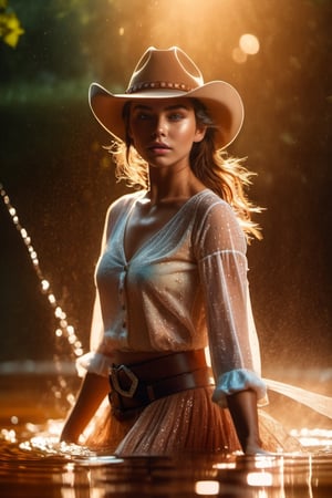 cowboy shot of 1 girl, beautiful face, high detailed skin, ballet poses, floating water, cinematic lighting, ray tracing, light particles, glowing, simple background.
