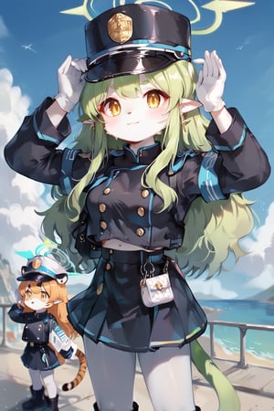 score_9, score_8, score_7, medium breasts, hikari-default, hikari_\(blue archive\), yellow eyes,green hair,long hair,earring,pointy ears,halo,tail,jacket,skirt,arm band,white pantyhose,white gloves,(peaked cap:1.5),long sleeves,boots, smile,(closed mouth:1.5), :(,Fown,Purse one's lips, Hands_on_head,Hands on head,palms_up, standing, tiger furry, furry white tiger, (white tiger:1.4), white fur, white skin, anthro,hikari,furry