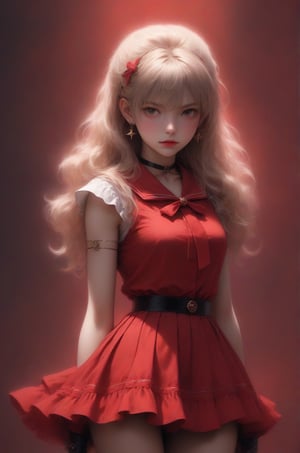 (minimalism), 3D anime style, 1girl, solo, long hair, looking at viewer, skirt, shirt, blond hair, gloves, bow, jewelry, closed mouth, upper body, pleated skirt, earrings, sleeveless, choker, elbow gloves, bowtie, sailor collar, star (symbol), blurry, black bow, lips, red skirt, magical girl, tiara, circlet, realistic, star earrings, sailor senshi uniform, red sailor collar, hino rei, red background, from 1985 dark fantasy film art, acid horror film directed by Ryûtarô Nakamura