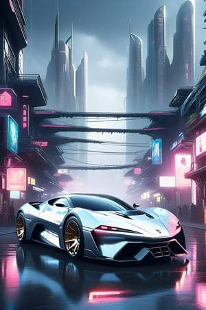 supercar parked  in a cyberpunk city in the space 