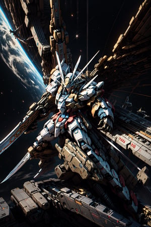 "Galactic Battle Scene with Two Gundam: In a vast cosmic expanse, two Gundam units dominate a sparse canvas. Positioned in the upper right corner, a Gundam in striking gold and black hues holds two massive gatling guns with both hands, exuding formidable power. In the lower left corner, another Gundam stands with its back to the viewer, wielding a colossal sword. It gracefully glides through space, poised for a mighty sweeping strike. This depiction captures the essence of a grand galactic conflict, where these iconic mechs command attention with their distinct weaponry and dynamic poses."