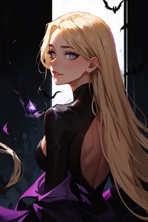 Hauntingly beautiful half-body shot of a blonde-haired femme fatale wearing a sleek black bodysuit. Her long locks cascade down her back, framing her striking features. Violet eyes gleam with an air of sadness and smirking menace, their realistic pupils and full eyelashes drawing the viewer in. Against a dark urban backdrop, she exudes an aura of dark fantasy and sophistication, as if plotting her next move amidst the shadows.