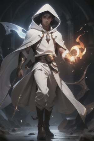 1boy, teen, brown skinned, short hair, black hair, sorcerer, white robes, white hood, hooded, holding a fireball, black pants, black boots, brown eyes, 8k, HDR, high_res, highly detailed, good art, amazing art, sharp detail, good face, light goatee, holding a magic staff, 8k, HDR, high_res, highly detailed, good art, amazing art, sharp detail, good face, detailed face, good anatomy, proportional