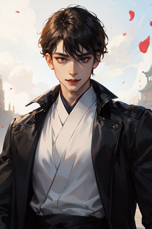 masterpiece, action_pose, half body shot of a man wearing a black trench jacket, white shirt underneath, good art, male, 1boy, black_hair, short-hair, bangs, gold_eyes, realistic eyes, realistic pupils, full eyes, sharp pupils, even eyes, sharp details, good art, smiling, realistic eyes, dark, Dark fantasy, japanese fantasy,zhongfenghua,SAM YANG