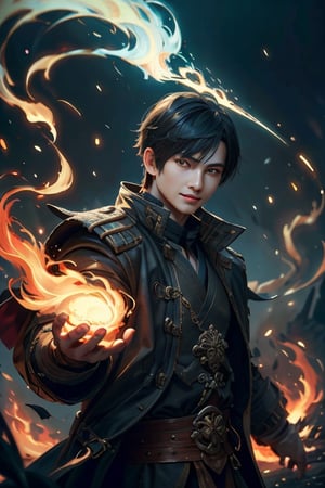 masterpiece, action_pose, half body shot of a man wearing a black trench jacket, white shirt underneath, right arm on fire, fire vfx circling around his right arm, good art, male, 1boy, black_hair, short-hair, bangs, gold_eyes, realistic eyes, realistic pupils, full eyes, sharp pupils, even eyes, sharp details, good art, smiling, realistic eyes, dark, Dark fantasy, chinese fantasy,zhongfenghua,SAM YANG, perfect_hands, good_hands