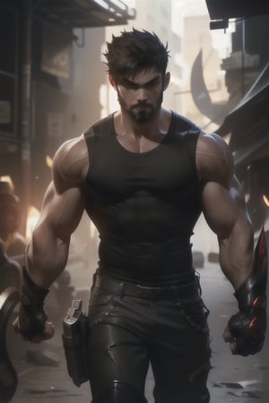 1boy, teen, olive skinned, buff, large, very short hair, black hair, berserker, black tank top, loose tank top, fingerless, fingerless_gloves, glowing red aura, black pants, black boots, brown eyes, 8k, HDR, high_res, highly detailed, good art, amazing art, sharp detail, good face, light goatee, one_arm_up, detailed face, gruff face, tough, anger