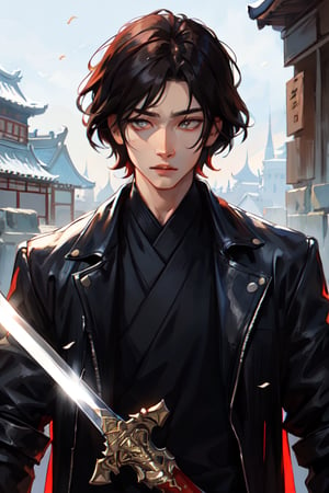 masterpiece, half body shot of a man wearing a black leather jacket holding a sword, good art, male, 1boy, black_hair, short-hair, bangs, red_eyes, crimson eyes, realistic eyes, realistic pupils, full eyes, sharp pupils, sharp details, good art, realistic eyes, dark, Dark fantasy, medieval fantasy,zhongfenghua,SAM YANG