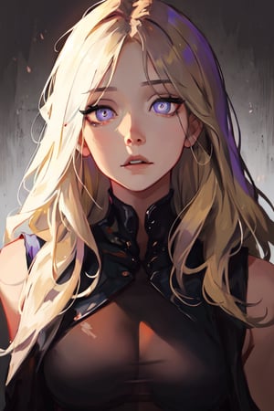 masterpiece, half body shot of a woman wearing a sleeveless black bodysuit, good art, female, 1girl, blonde_hair, long-hair, bangs, purple_eyes, violet eyes, realistic eyes, realistic pupils, full eyes, sharp pupils, even eyes, sharp expression, sadistic, sharp details, good art, realistic eyes, dark, Dark fantasy, urban fantasy,SAM YANG