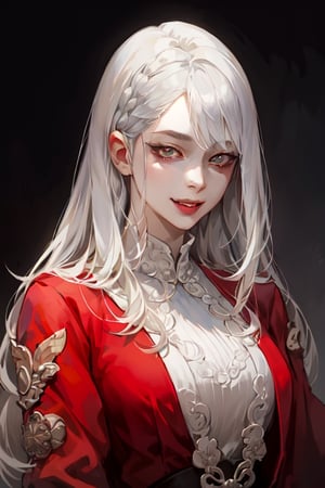 masterpiece, seducing, half body portrait of a woman in her mid 30s wearing a red robe, white buttoned shirt underneath, mature_woman, milf, square jaw, good art, female, sole_female, 1girl, silver_hair, long-hair, braided_hair, asymmetric_bangs, slanted eyes, realistic eyes, realistic pupils, full eyes, sharp pupils, even eyes, sharp details, good art, sexy, seductive, dominant, menhera, insane, crazy smile, evil smile, slanted eyelids, realistic eyes, dark, Dark fantasy,SAM YANG,Chiaki_Garo_aiwaifu,aiwaifu,zhongfenghua