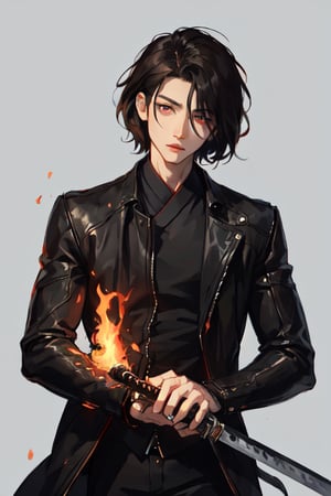 masterpiece, half body shot of a man wearing a black leather jacket holding a katana, good art, male, 1boy, black_hair, short-hair, bangs, red_eyes, crimson eyes, realistic eyes, realistic pupils, full eyes, sharp pupils, even eyes, sharp details, good art, realistic eyes, dark, Dark fantasy, medieval fantasy,zhongfenghua,SAM YANG