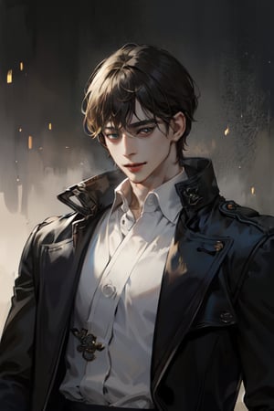 masterpiece, half body shot of a man wearing a black trench jacket, white shirt underneath, good art, male, 1boy, black_hair, short-hair, bangs, gold_eyes, realistic eyes, realistic pupils, full eyes, sharp pupils, even eyes, sharp details, good art, smiling, realistic eyes, dark, Dark fantasy, japanese fantasy,zhongfenghua,SAM YANG, , 
