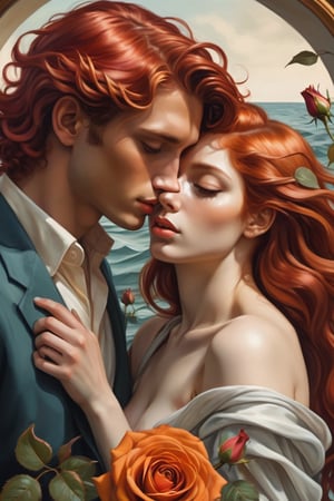 painting with an image of a girl and boy passional in love, red hair her , brown hair him, the rose behind her, seductive bodies, in the style of cyril rolando, light gold and orange, heather theurer, botticelli-esque figures, traditional oceanic art, digitally enhanced, close up,v0ng44g