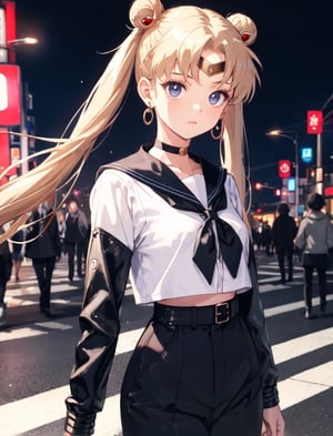 masterpiece, best quality, highres, sailor moon black hair , darkness,wears dress school 80s  black high waisted trousers and jacket leathers , double bun, twintails, parted, bangs, circlet, jewelry, earrings, choker, background Tokyo city street night