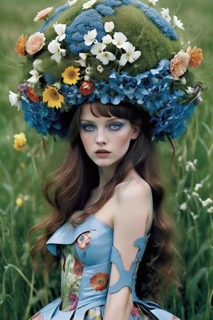 A stylish woman with long brune hair and blue eyes, wearing a unique outfit  made of flower  bucket hat little size and grass of clothes futuristic of various colors, weird futuristic skirt fashion, weird and beautiful, themed fashion style, photo magazine, (by Tim Walker & Alexander McQueen & Iris van Herpen), surreal photography, high contrast, featured on Vogue, indoor studio, artistic details, high resolution