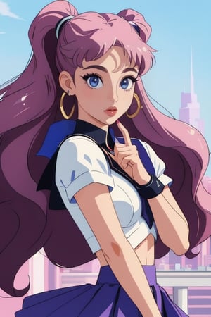 ariana grande in Sailor Moon with skirt metallic "perfect faces asymmetric, perfect eyes, femme fatal pose, with wavy long, , perfect lips, perfect nose, eyes brow, environmental city; modern clothes, and sleek design , guns in pan, bold colors, and a-line silhouette, camera, , portrait, anime stile 90, realistic draw, (masterpiece, best quality, high quality, highres, ultra-detailed), 