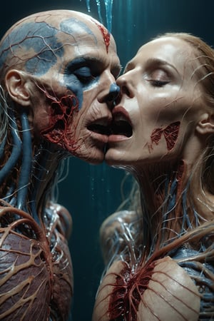 kiss man and woman veins, heart visibily, Ultra realistic, , realistic . 64k. masterpiece, heart blooding, eletric veins, cinema style, under water, connection love , detailed photo, Arnold render, 16K,cyborg style,biopunk style,Movie Still