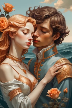 painting with an image of a girl and boy passional  on neck iss the rose behind her, in the style of cyril rolando, light gold and orange, heather theurer, botticelli-esque figures, traditional oceanic art, digitally enhanced, close up