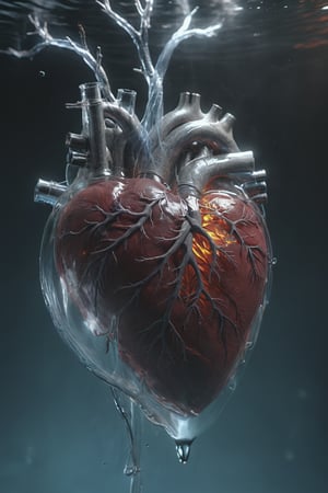 bio ice heart, veins, inside blooding , underwater   Ultra realistic, , realistic . 64k. masterpiece, heart blooding, eletric veins, cinema style, under water, connection love , detailed photo, Arnold render, 16K,cyborg style,biopunk style,Movie Still,fire element,3d,glasstech,Detailedface,ice and water