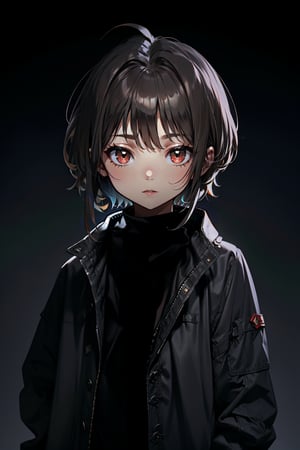 1girl, solo, looking at viewer, short hair, bangs, , red eyes, closed mouth, jacket, coat, 