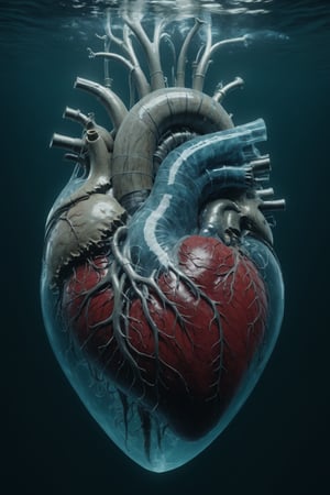 biomechanical heart, veins, blooding , underwater ice,  Ultra realistic, , realistic . 64k. masterpiece, heart blooding, eletric veins, cinema style, under water, connection love , detailed photo, Arnold render, 16K,cyborg style,biopunk style,Movie Still