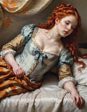 painting with an image of a girl , red hair her ,in the style of rococo art, on the bed, perspective from below, light gold and orange, heather theurer, rococo art style  figures, raw style 