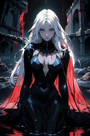 In a hauntingly beautiful scene, a goth girl with long white hair and red eyes gazes directly at the viewer. Her makeup accentuates her features as she wears a sensual melting chrome dress in chrome metallic  texture that clings to her curvaceous body. The lake of blood behind her glows with an otherworldly light, as if infused with magic. In the foreground, droplets of blood fall from her lips like tiny tears, while her breasts are subtly emphasized by the camera's gaze. The castle background looms ominously in the darkness, illuminated only by the eerie glow emanating from her eyes. The atmosphere is tense and foreboding, with a sense of impending doom hanging over the scene.